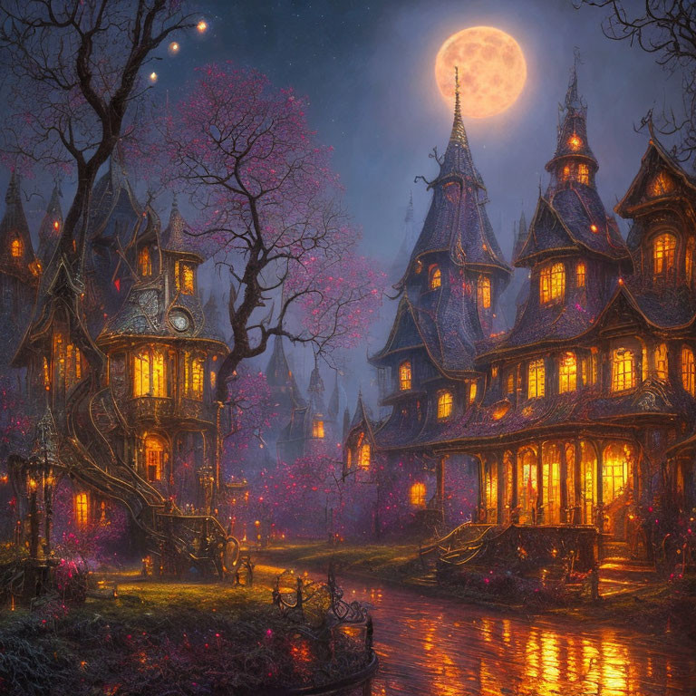 Whimsical nighttime village with glowing windows, moon, and pink flowering trees