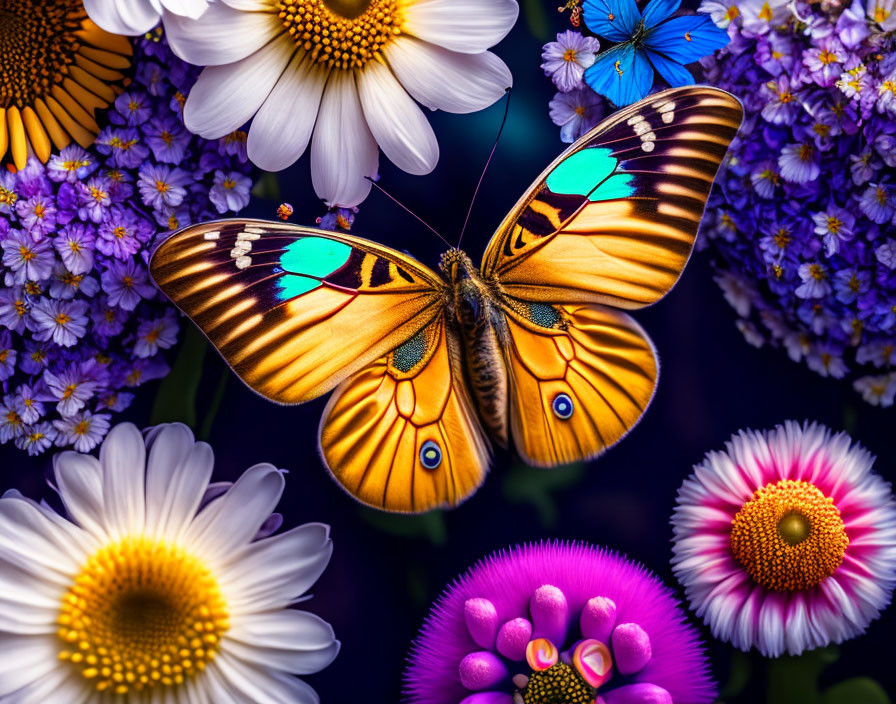 Colorful Butterfly Resting on Flowers in Dark Background