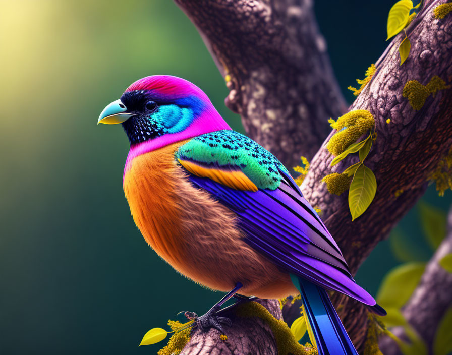 Colorful Bird Perched on Branch Among Green Foliage