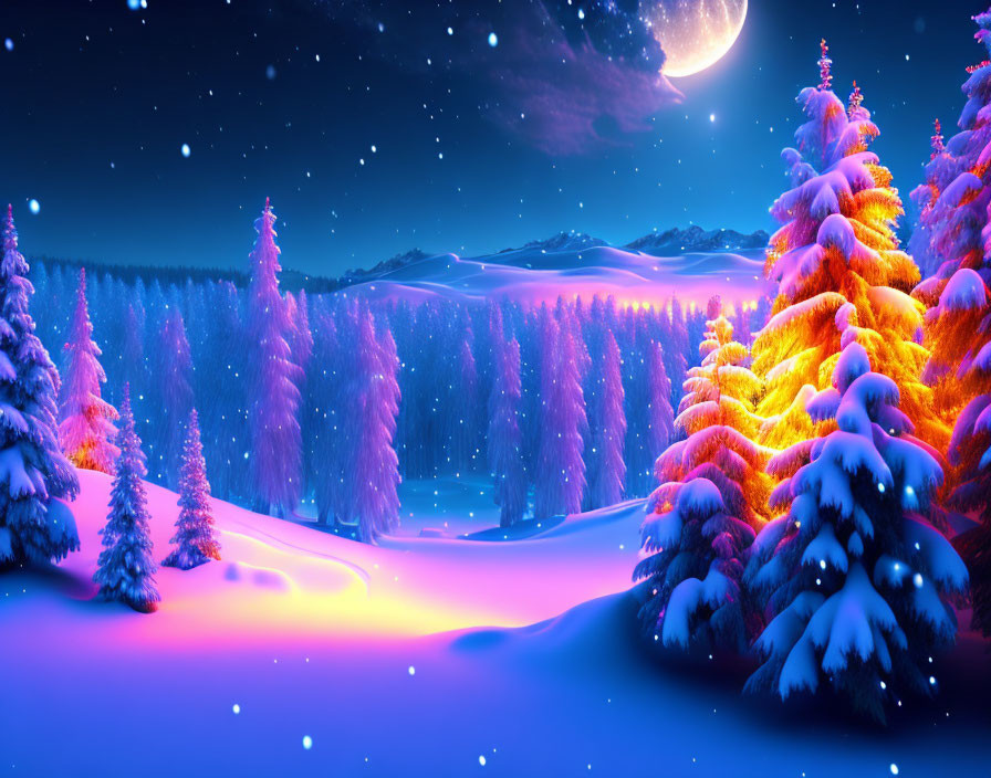 Snowy Landscape with Colorful Lights and Pine Trees