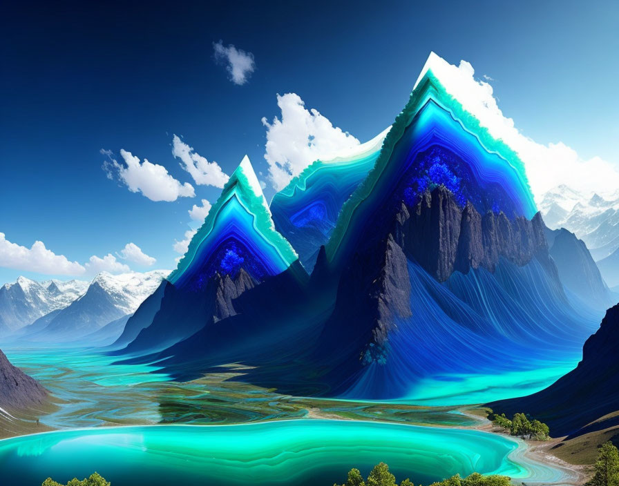 Surreal digital artwork: Vibrant mountains with glowing blue layers overlooking tranquil turquoise lake