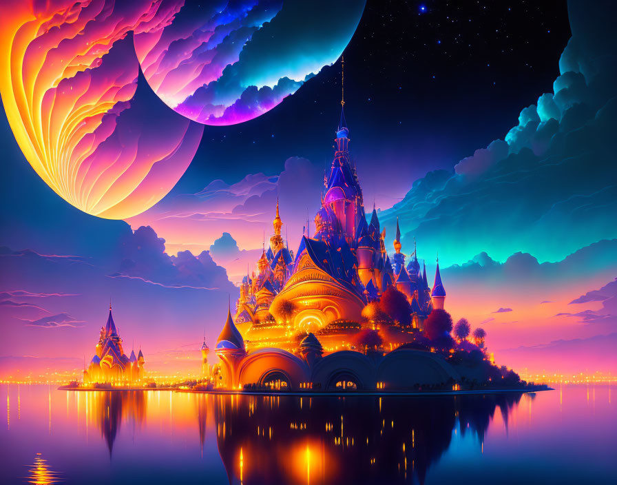 Fantasy landscape with majestic castle by water under starry sky