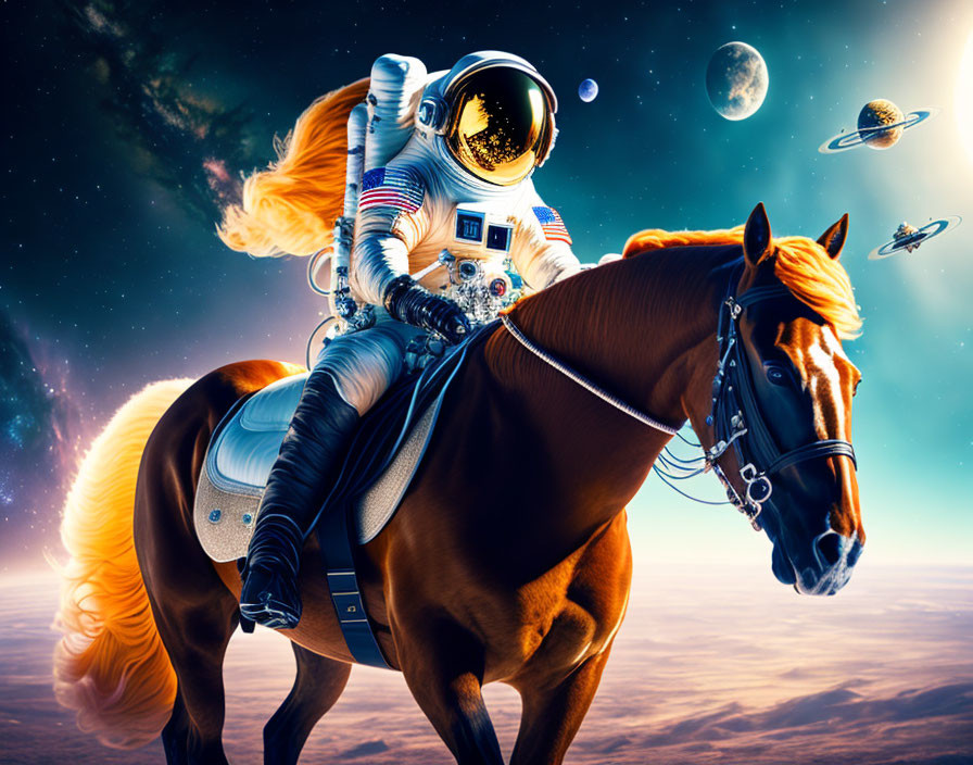 Astronaut riding fiery horse in cosmic scene