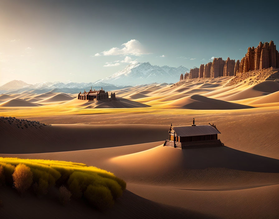 Tranquil desert scene with sand dunes, traditional structure, and mountains in soft light