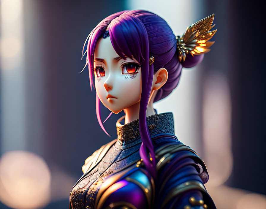 Detailed Female Anime Character with Purple Hair and Ornate Armor & Golden Butterfly Accessory