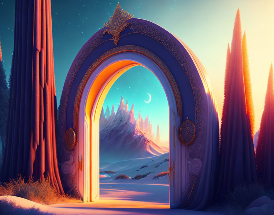 Ornate open doorway in forest reveals mystical landscape with mountains and night sky