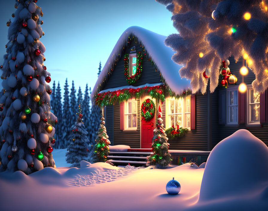 Snow-covered cottage with Christmas decorations in serene winter twilight