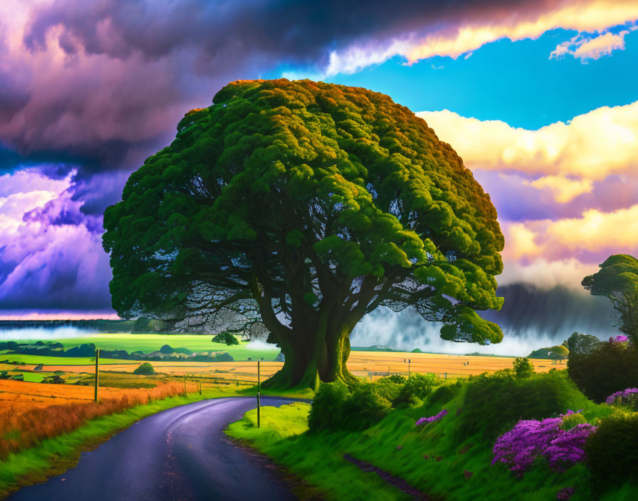 Majestic tree in vibrant landscape with dramatic sky and road.