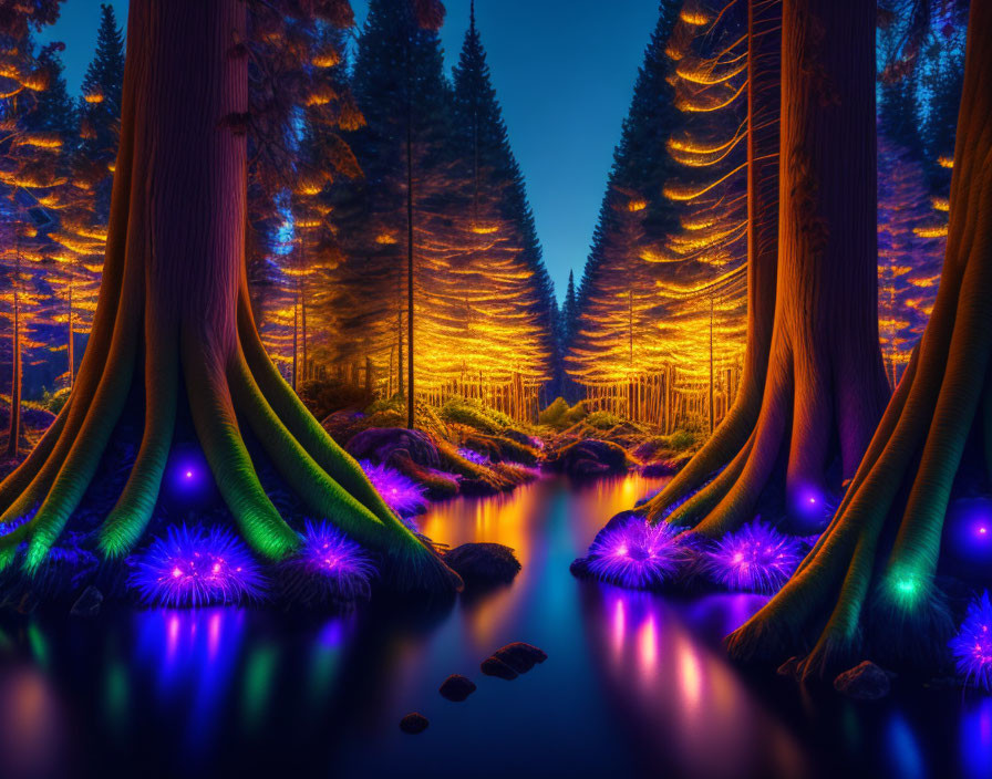 Enchanted forest scene: tall trees, glowing path, purple & blue lights.