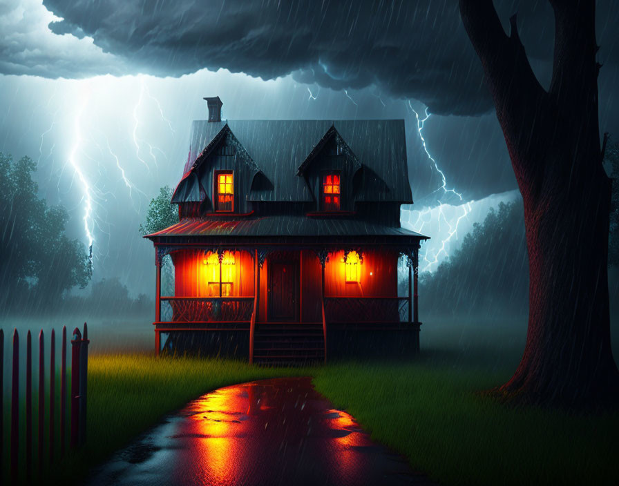 Eerie two-story house in stormy setting with lightning and dark trees