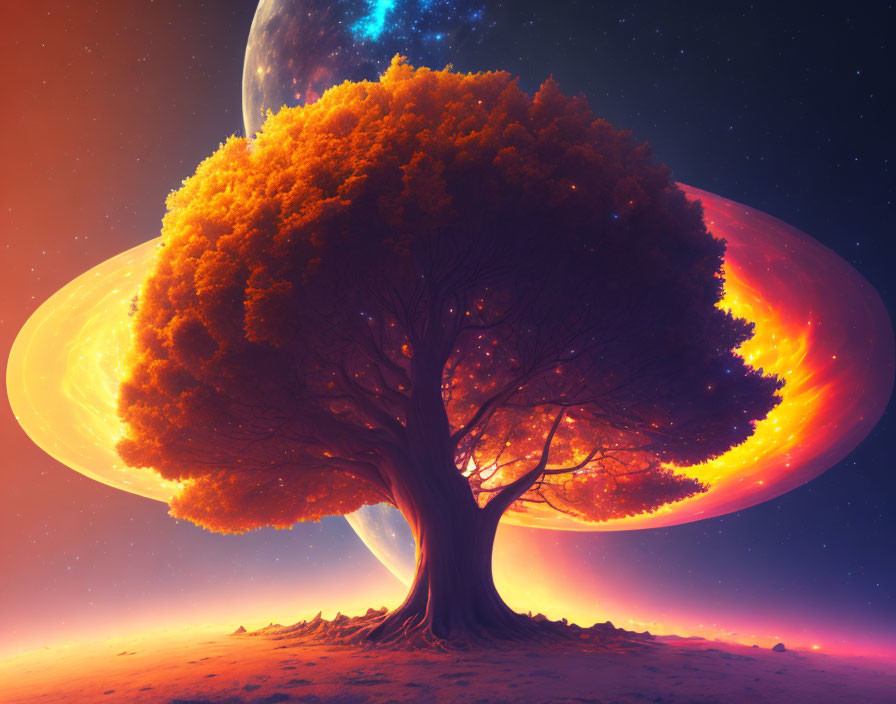 Golden foliage tree on alien landscape under starry sky with glowing planetary rings.