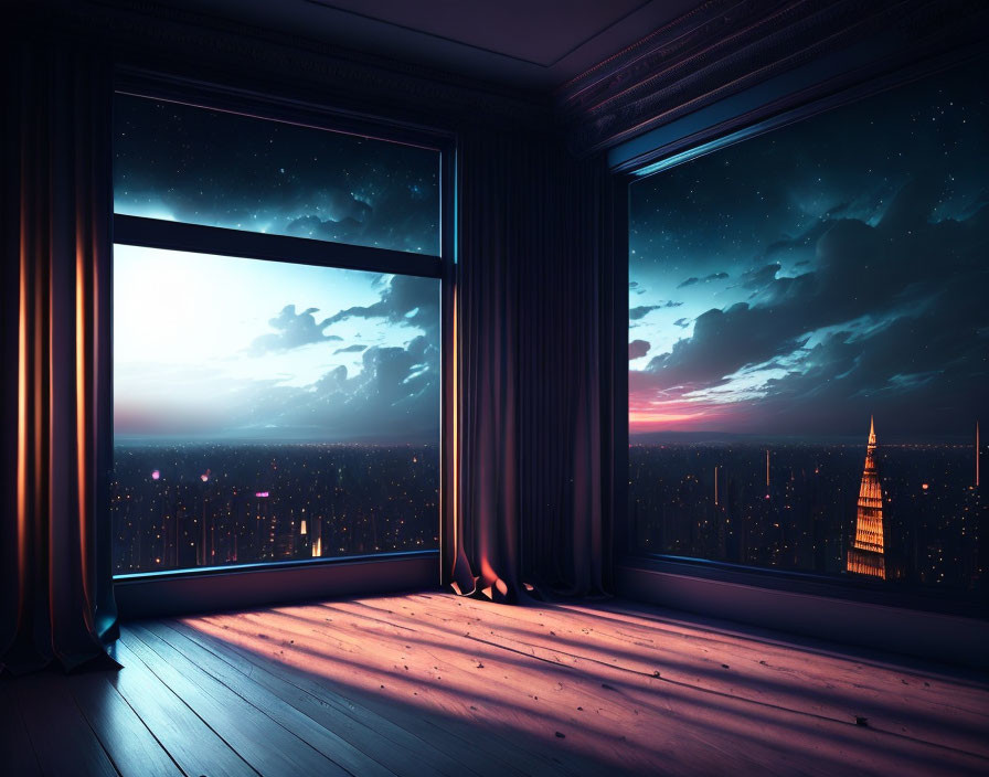 City skyline at dusk with large window and starry sky