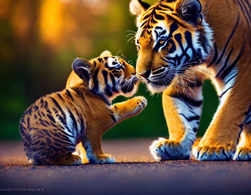 Adult tiger and cub bonding in autumn scenery