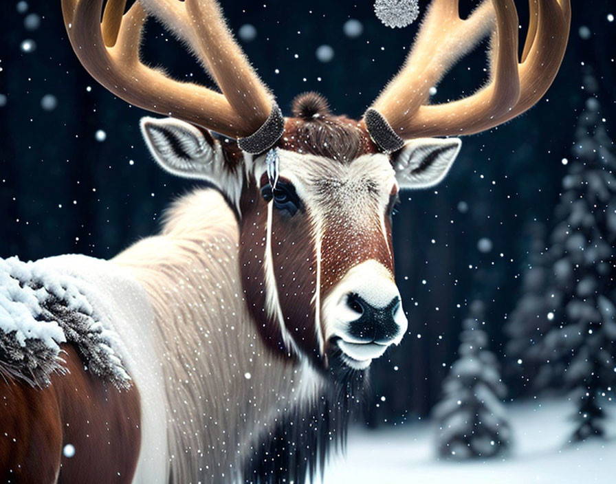 Majestic reindeer with large antlers in falling snow