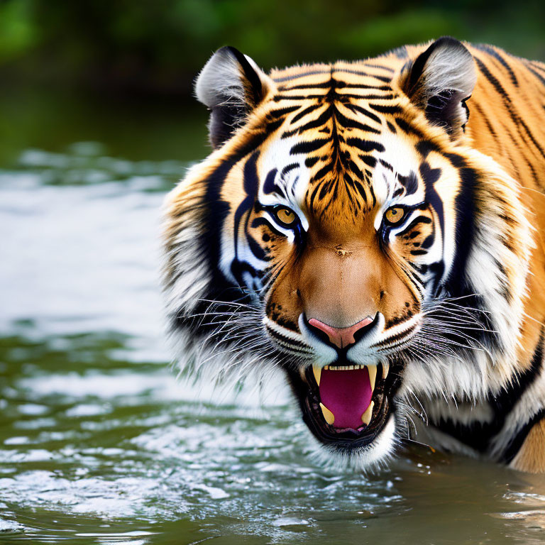 Close-up of Tiger's Face with Open Mouth Submerged in Water