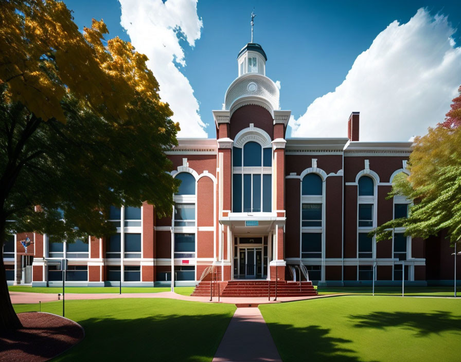 Red-brick building with white columns and clock tower in autumn setting