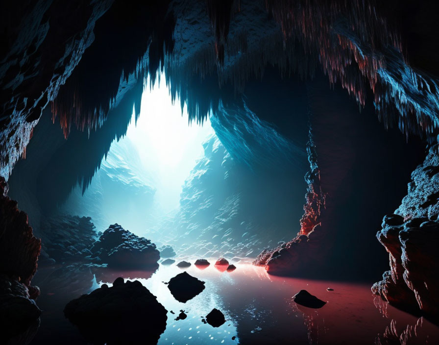 Ethereal Blue-Lit Cave with Stalactites and Calm Water