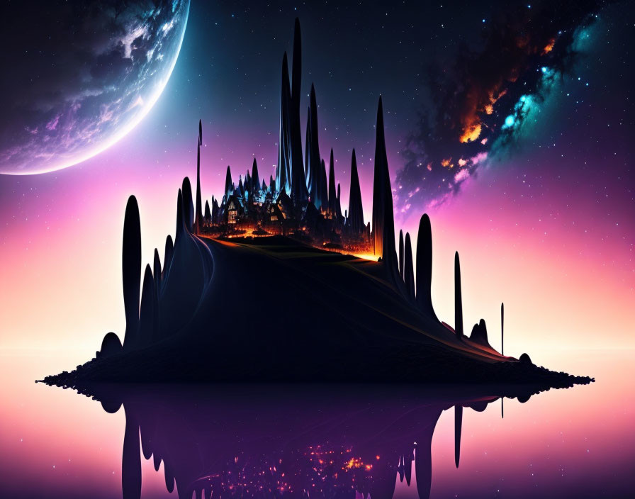 Fantastical landscape with spire-like rocks, starry sky, moon, nebula, and