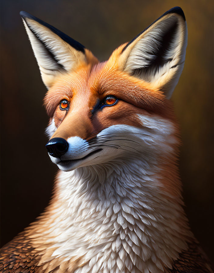 Vibrant orange fox with sharp eyes and pointed ears on dark background