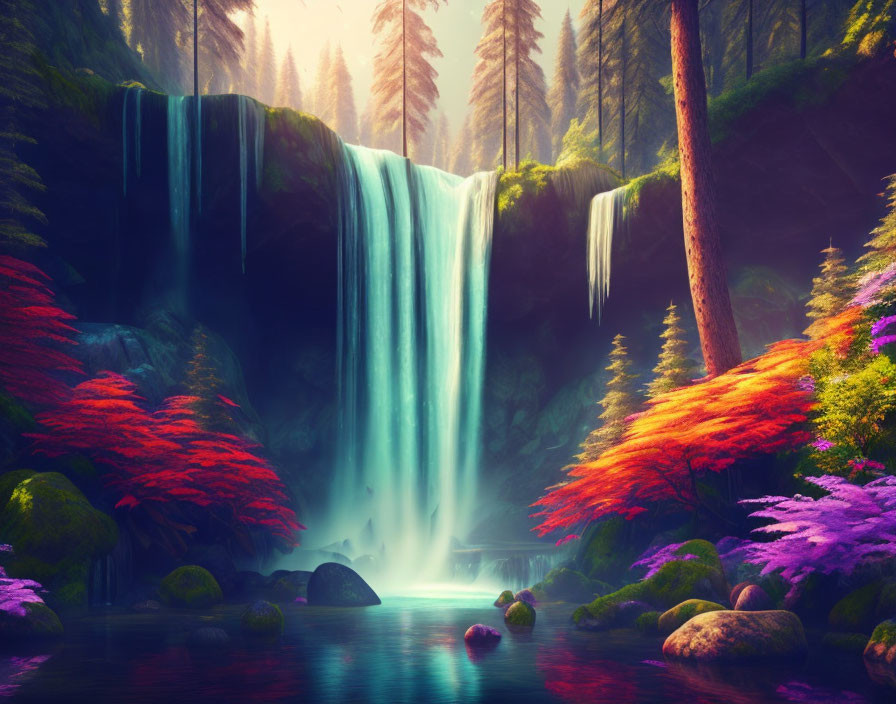 Tranquil waterfall in lush forest setting