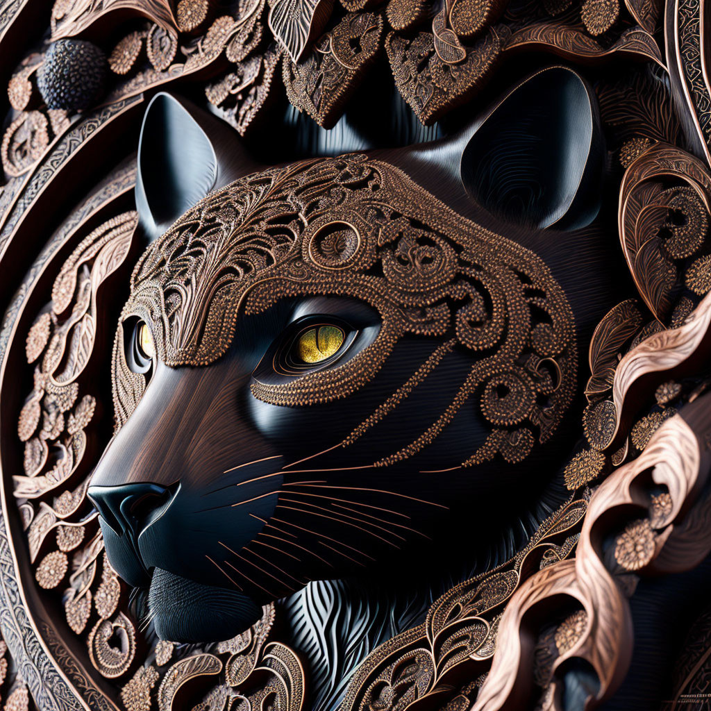 Detailed 3D Black Panther Head Artwork with Ornamental Patterns and Yellow Eyes