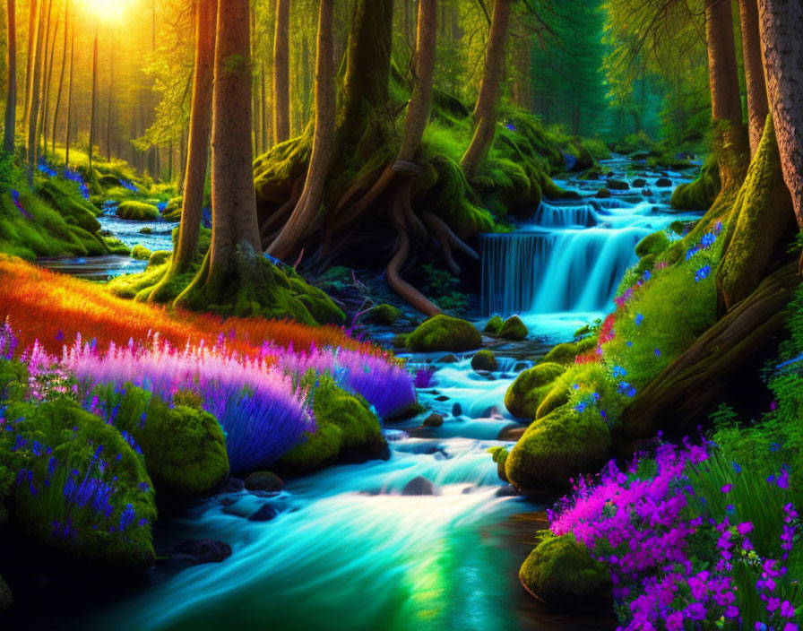 Lush Forest Scene with Stream, Sunrays, Moss-Covered Rocks, and Flowers