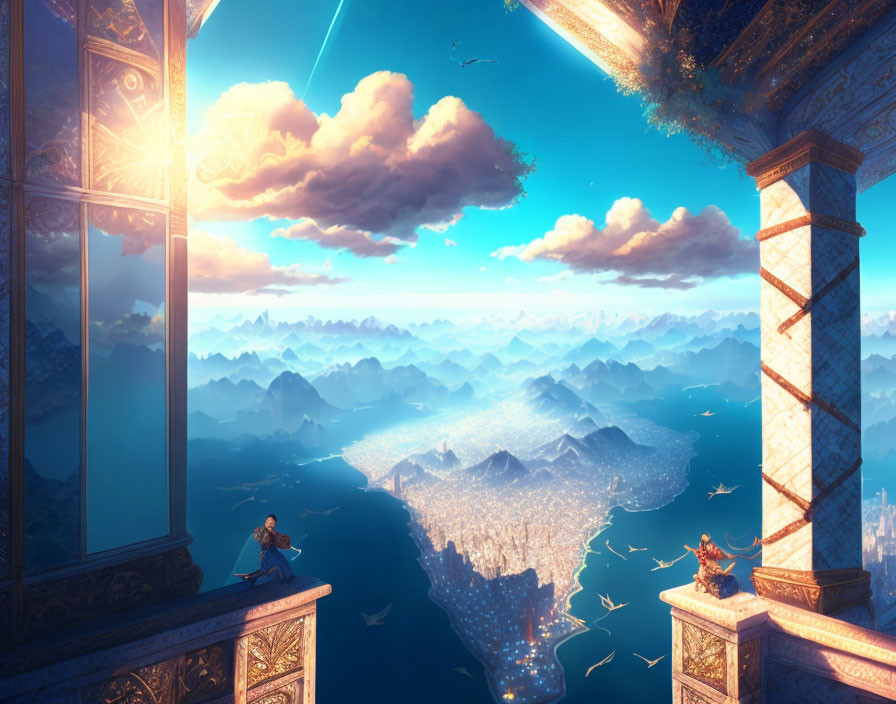 Fantastical cityscape viewed from ornate balcony amid mountainous terrain