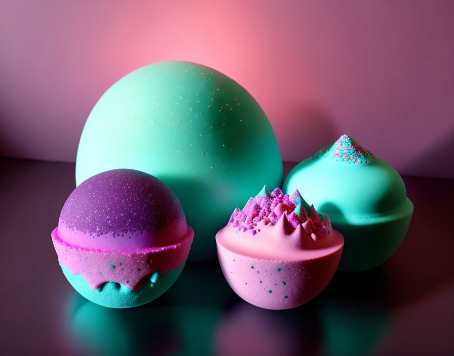 Vibrant bath bombs with glitter on reflective surface, pink and teal gradient background