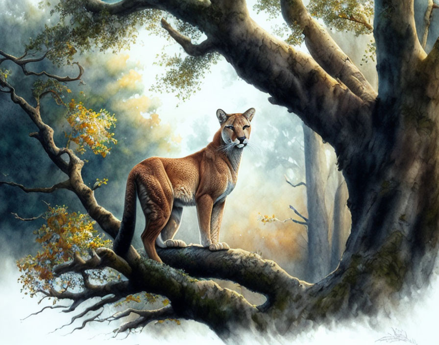 Majestic puma on thick tree branch in misty forest