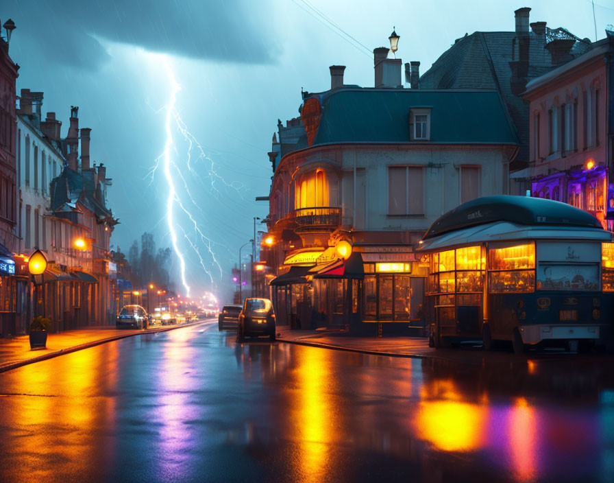 European City Street with Lightning Bolt Striking at Night