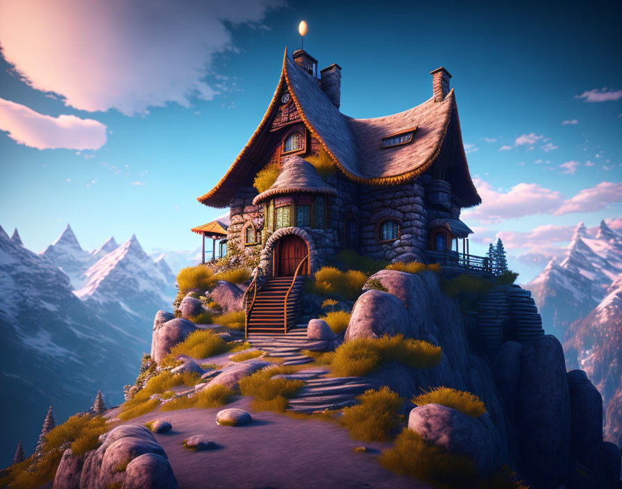 Digital illustration of cozy stone cottage on hill surrounded by mountains at dusk