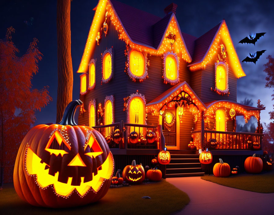 Spooky Halloween Decor: House with Orange Lights & Jack-o'-lantern