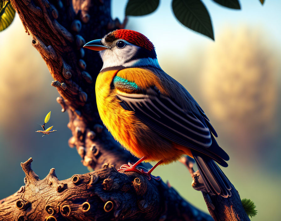 Vibrant Red, Orange, and Blue Bird on Green Leafy Branch