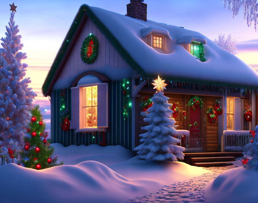 Snow-covered cottage with Christmas lights and warm glow at twilight