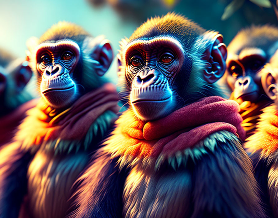 Vibrant stylized mandrills with intense gazes against blurred background