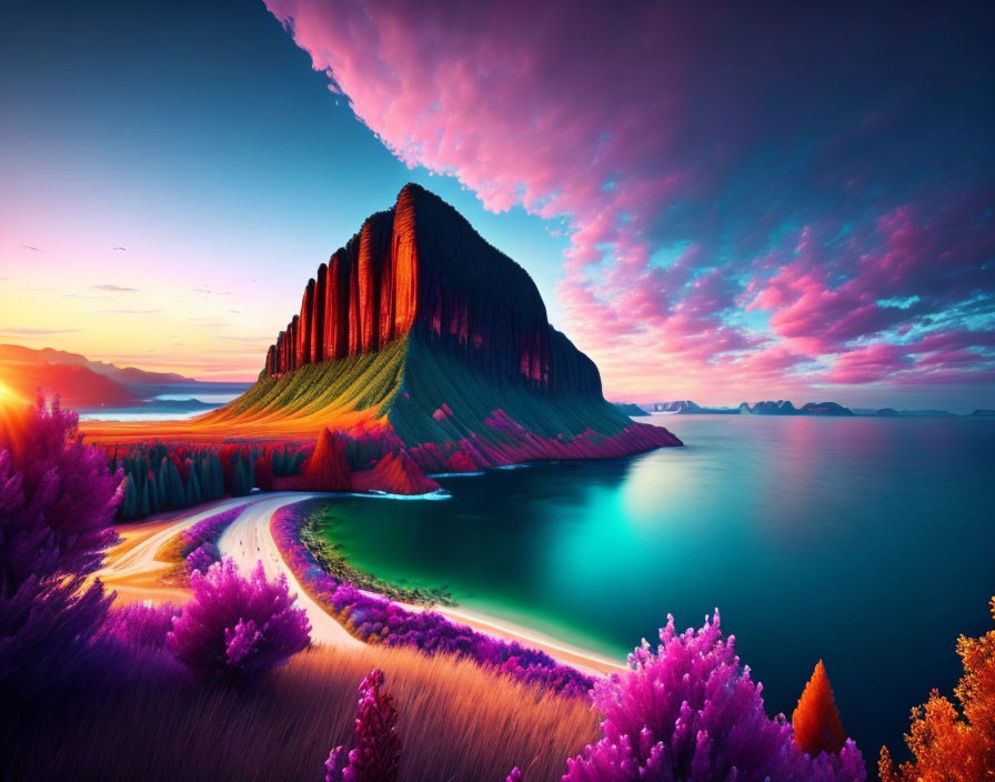 Colorful Skies & Towering Mountain in Surreal Sunset Landscape