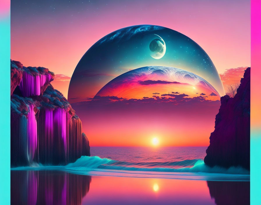 Surreal landscape with waterfalls, cliffs, beach, sunset, planet, moon