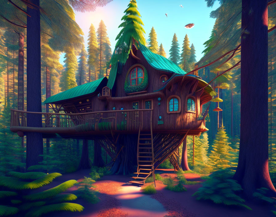 Treehouse with wraparound balcony in lush forest & airship above