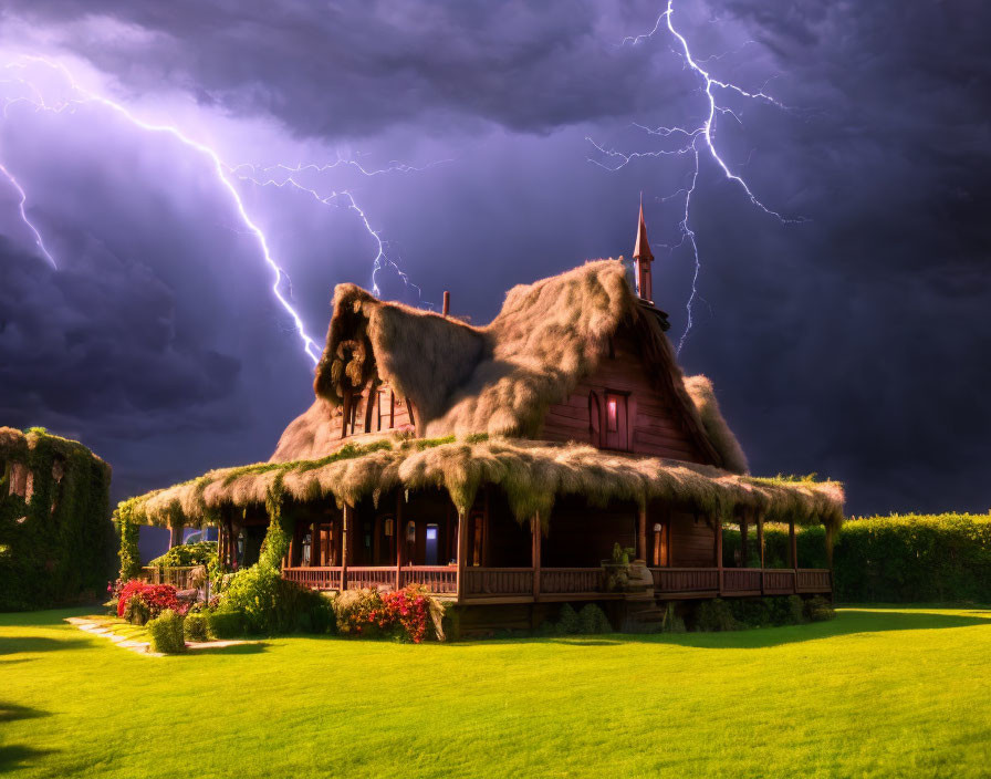 Thatched-Roof Cottage Porch in Thunderstorm With Lightning