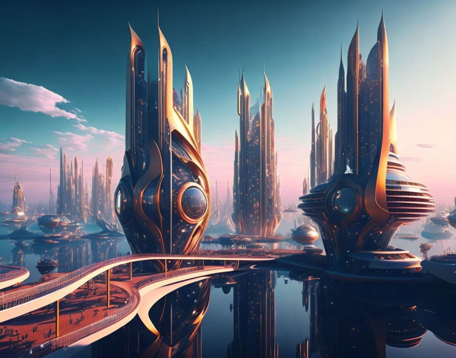 Futuristic cityscape with tall buildings and curved architecture by tranquil water.