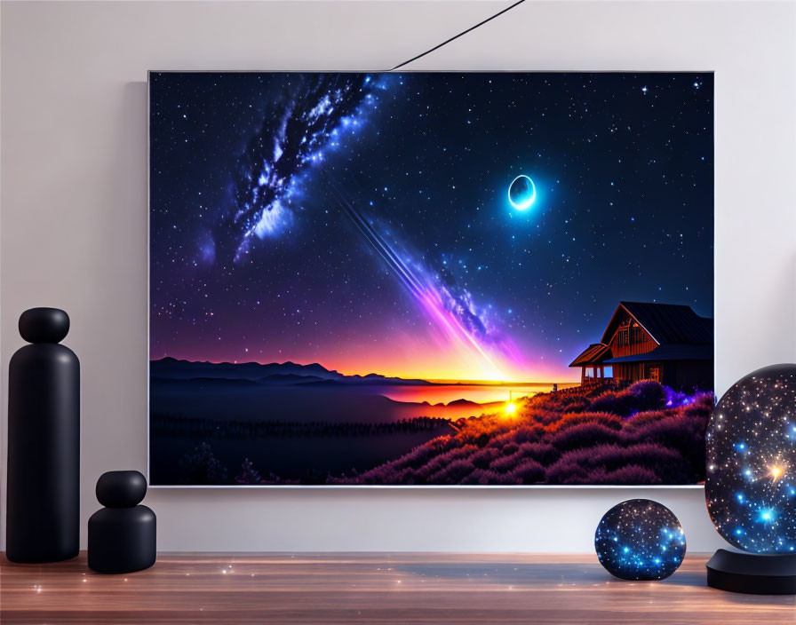 Wall-mounted image of vibrant night sky with stars, galaxy, comet, eclipse, sunset, cabin,