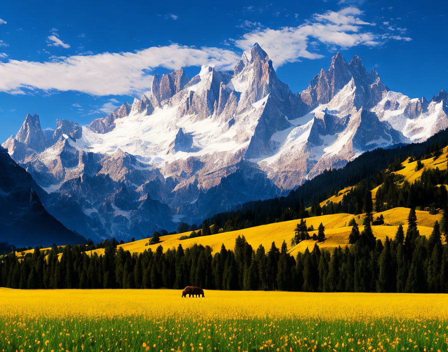 Snowy mountain range overlooking yellow flower field with grazing horse