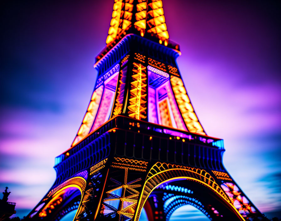 Vibrant Eiffel Tower at Dusk with Purple Sky