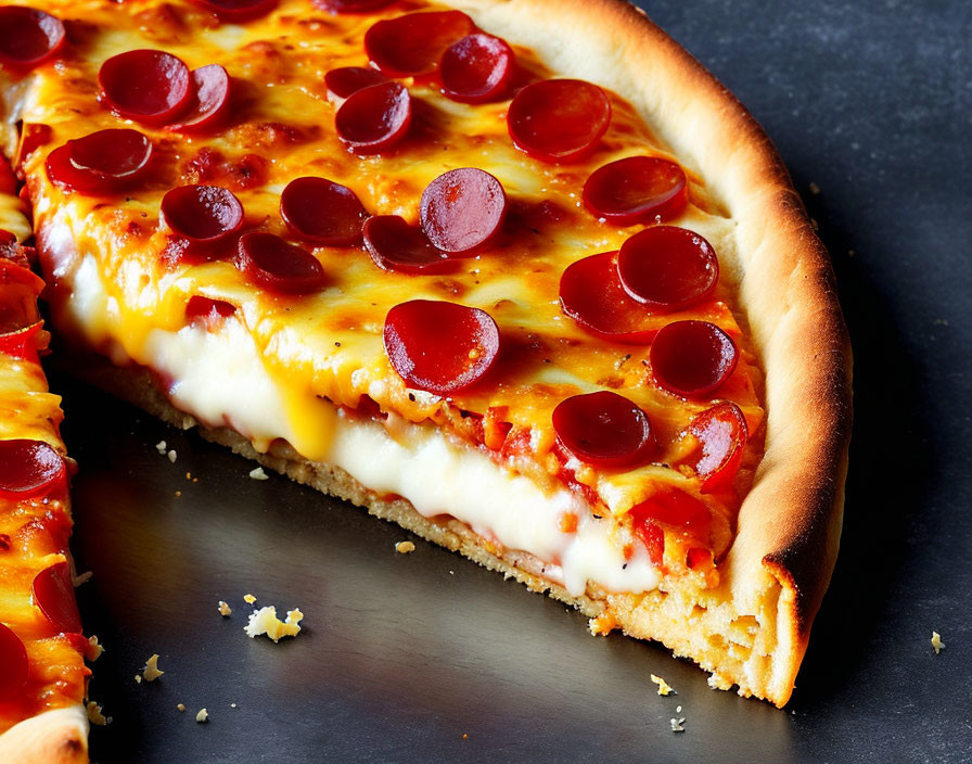 Pepperoni pizza slice with melted cheese and golden crust.