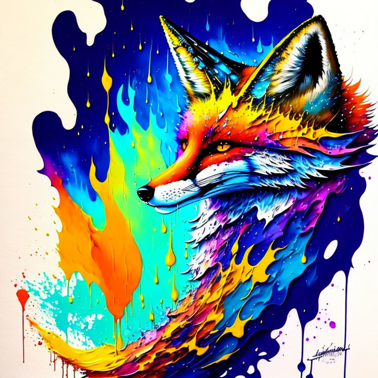 Colorful Fox Artwork with Blue, Yellow, Red, and Purple Paints