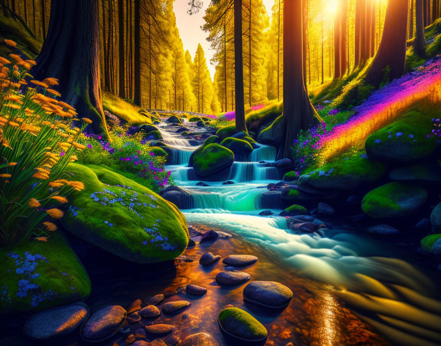 Tranquil forest stream with moss-covered rocks and sunlight filtering through tall trees