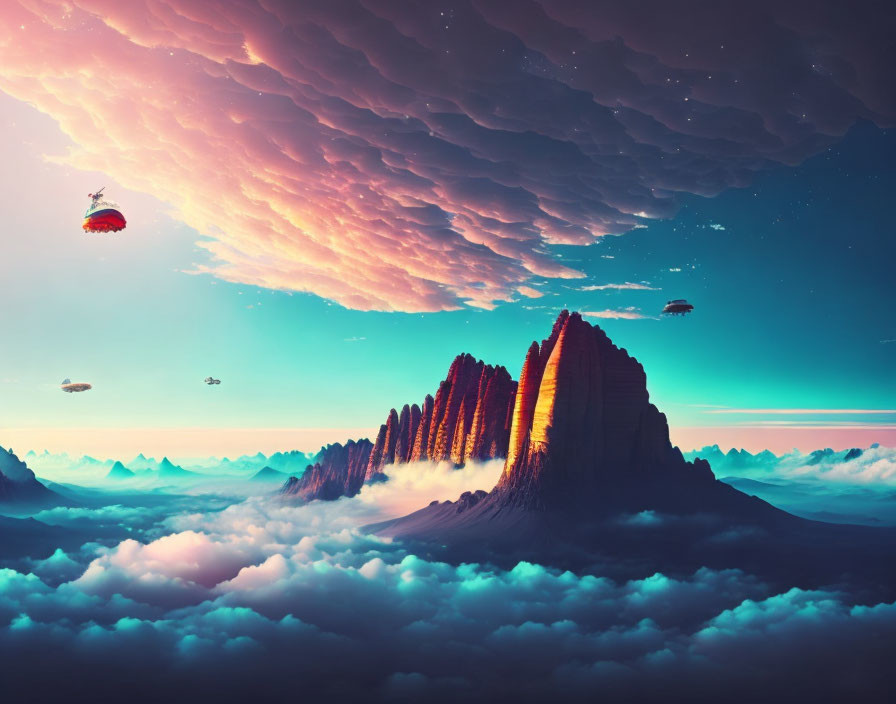 Surreal sunset landscape with towering cliffs, floating islands, airships, and layered sky