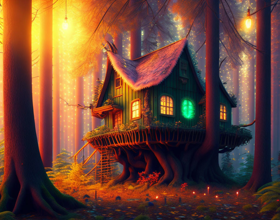 Enchanting treehouse with thatched roof in magical forest