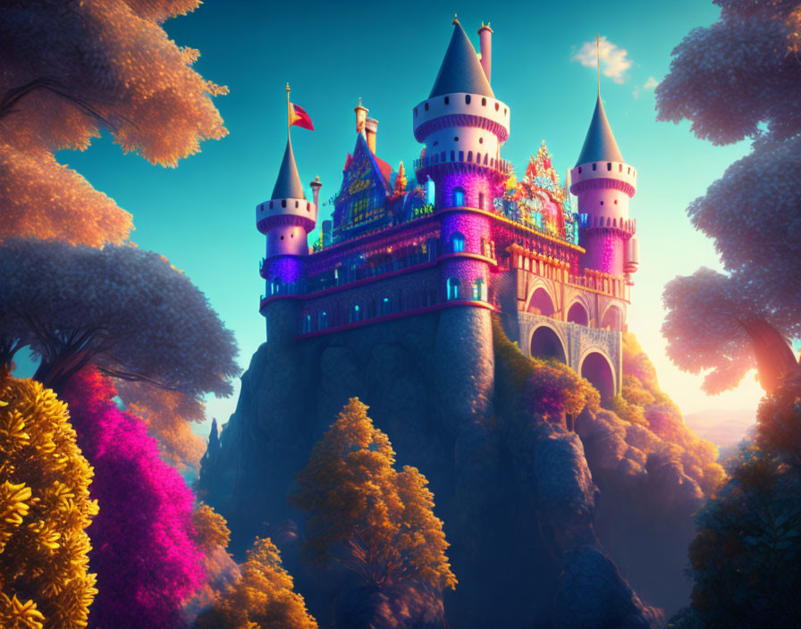 Colorful Fairytale Castle on Cliff Amid Autumn Trees