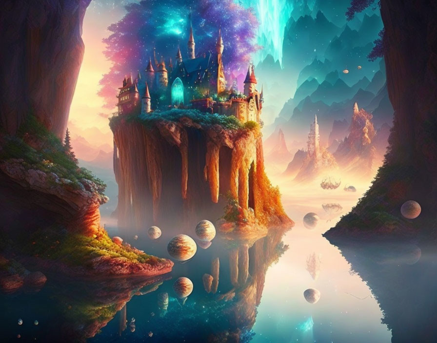 Fantasy landscape with floating castle and glowing orbs in twilight scene